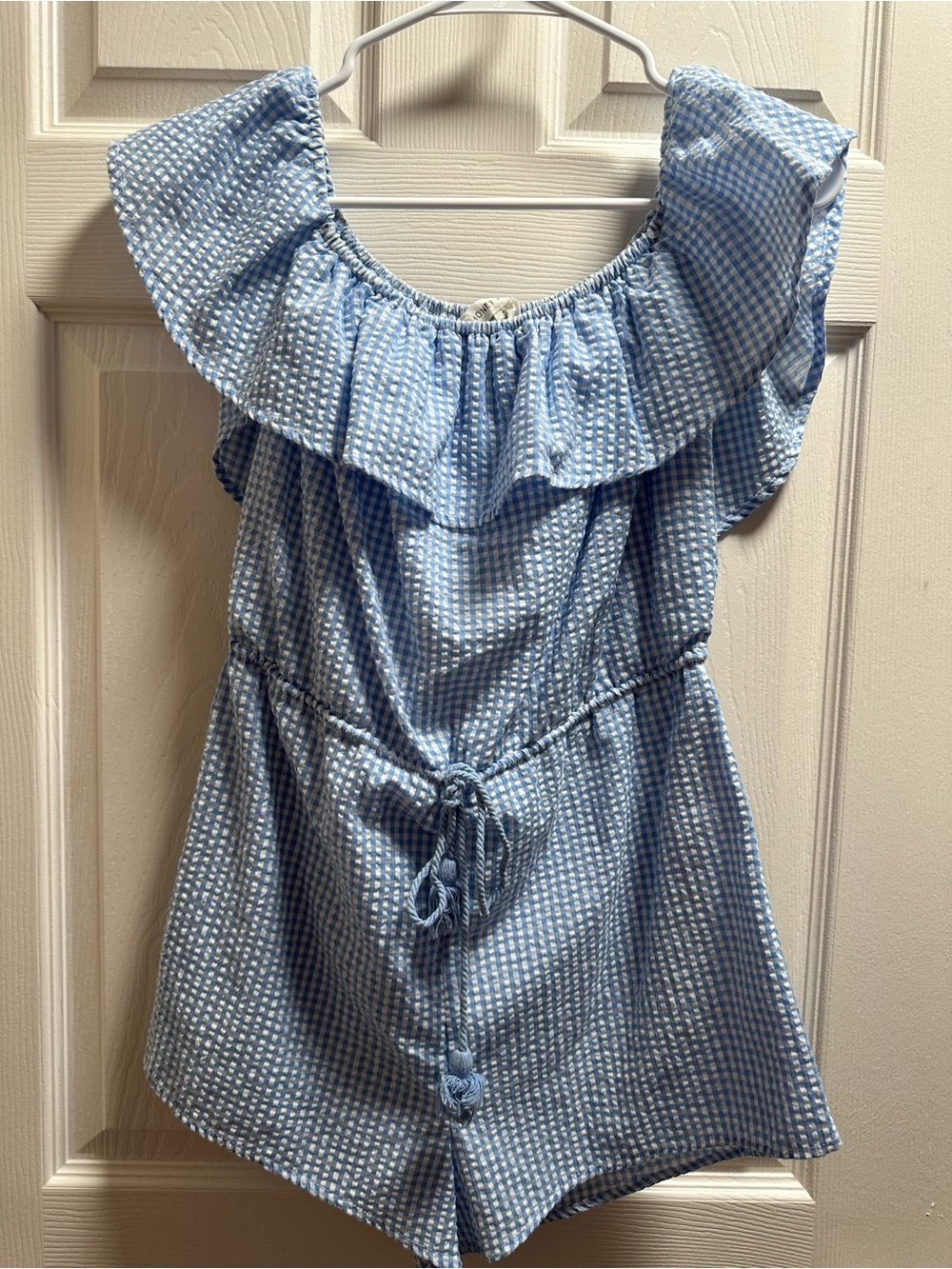 Honey Punch Blue & White Gingham Off-Shoulder Romper size Small Cottagecore